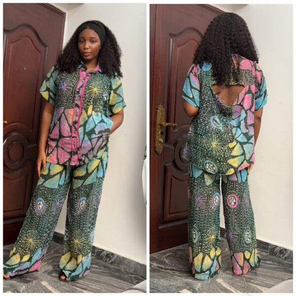 Barbz and co rtw two piece pant chiffon set in green mix with open back 10/12/14