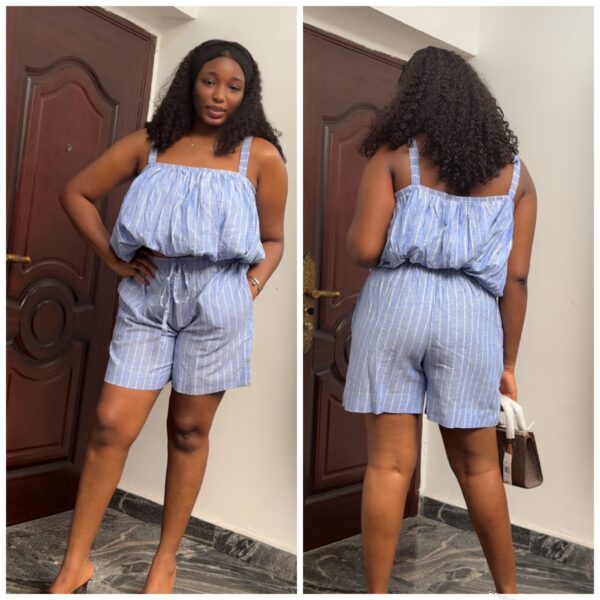 Barbz and co rtw stripe blue linen short puff set in light blue 10/12