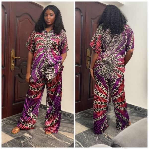Barbz and co rtw two piece silk shirt & pant set in purple and chain design 10/12/14 - Image 2