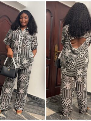 Barbz and co rtw chiffon two piece shirt  pant set in white/black print with open back 10/12