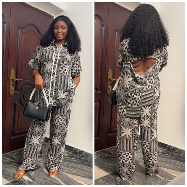 Barbz and co rtw chiffon two piece shirt  pant set in white/black print with open back 10/12