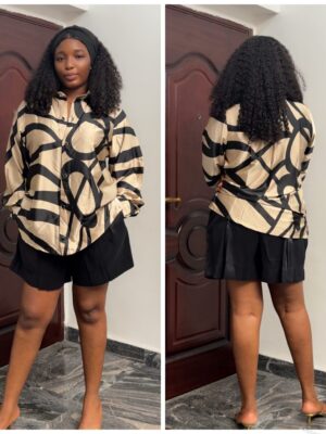 Barbz and co rtw classy two piece  silky abstract top in nude & black short set 14/16