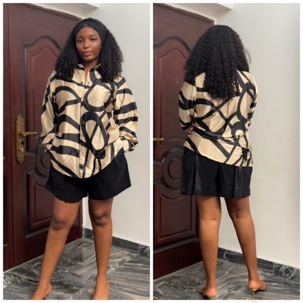 Barbz and co rtw classy two piece  silky abstract top in nude & black short set 14/16