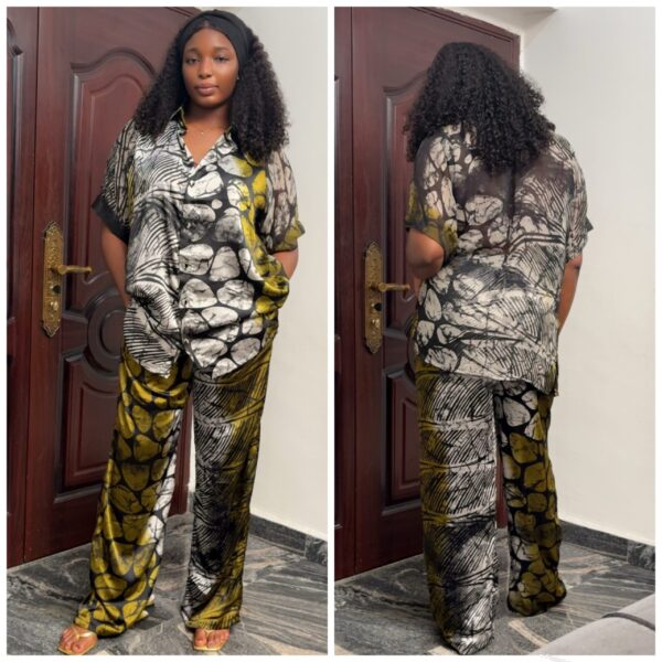 Barbz and co rtw classy two piece  shirt silk set in multi color abstract print black/dark yellow 12/14 - Image 2