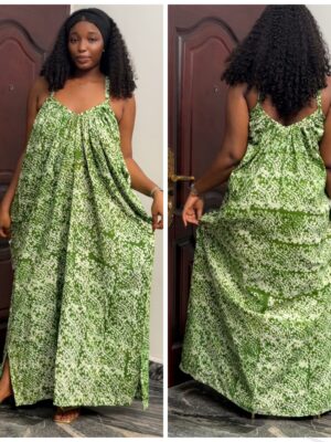 Barbz and co Adire cami dress in green mix print with side slit 10/12/14/16