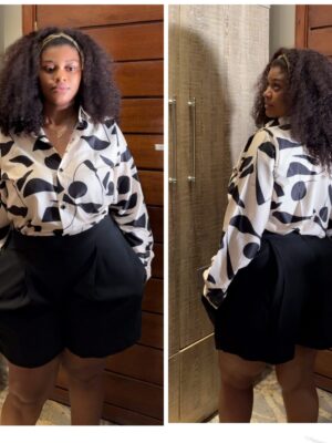 Barbz and co two piece short set in cream color shirt and black shorts rtw