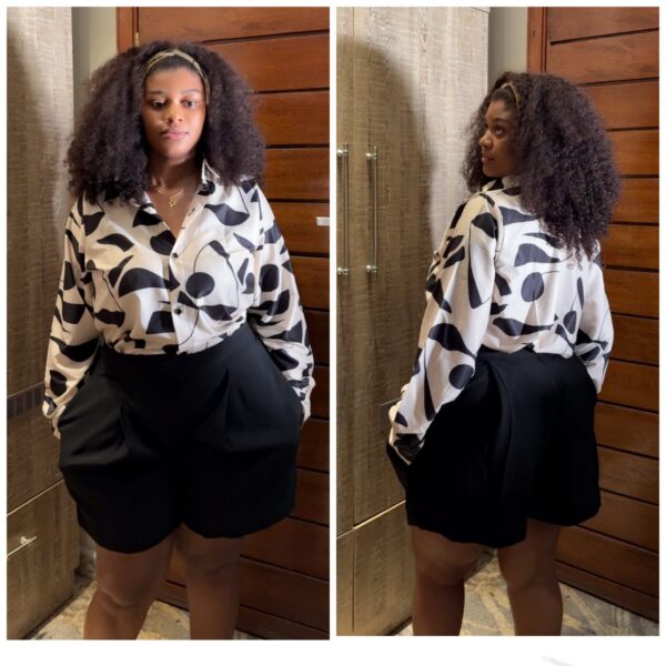 Barbz and co two piece short set in cream color shirt and black shorts rtw