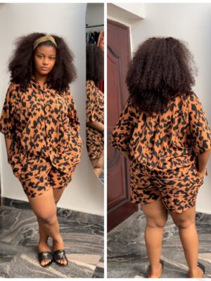 Barbz and co two piece short set in brown animal print two side drawstring