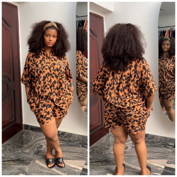 Barbz and co two piece short set in brown animal print two side drawstring