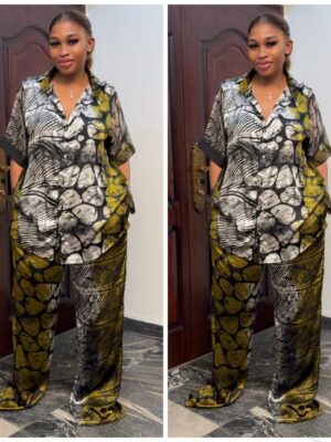 Barbz and co rtw classy two piece  shirt silk set in multi color abstract print black/dark yellow 12/14