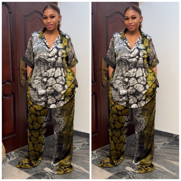 Barbz and co rtw classy two piece  shirt silk set in multi color abstract print black/dark yellow 12/14