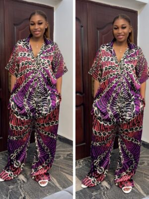 Barbz and co rtw two piece silk shirt & pant set in purple and chain design 10/12/14
