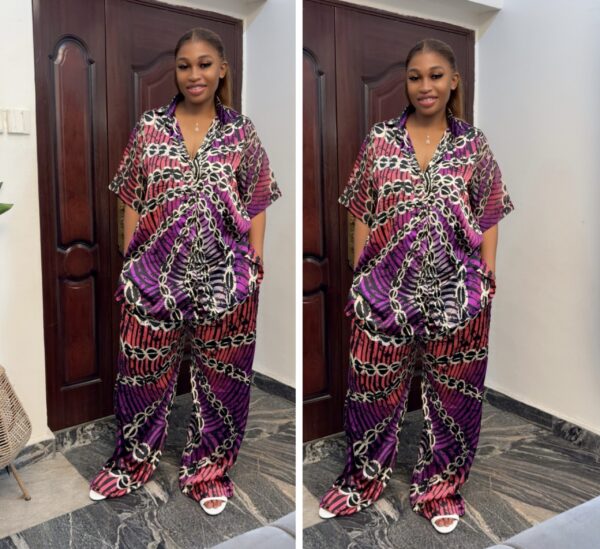 Barbz and co rtw two piece silk shirt & pant set in purple and chain design 10/12/14