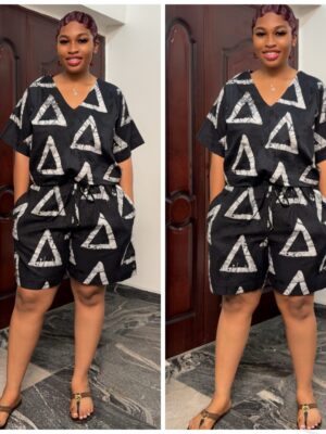 Adire Ankara range two piece short set in triangle design in black/white
