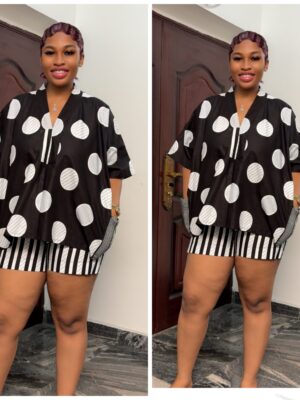 Ankara & asoke two piece short design in black stripe & circle