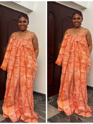 Adire cami free gown in orange design one size (12/14/16/18