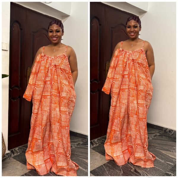 Adire cami free gown in orange design one size (12/14/16/18