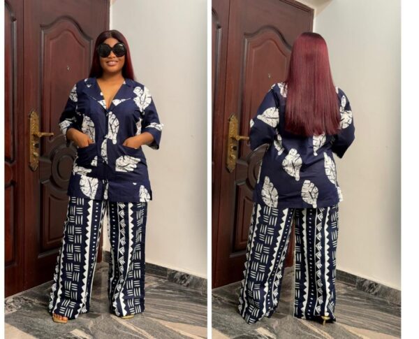 Barbz and co rtw two piece Ankara leaf shirt and vintage pant in navy blue - Image 2
