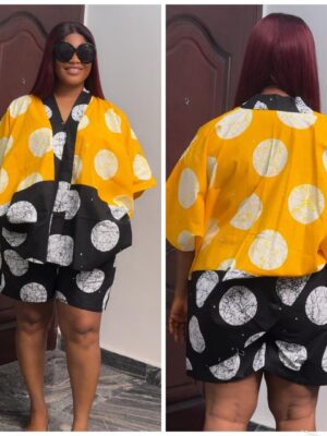 Barbz and co Ankara two piece short set  with circle design in yellow/black 12/14/16