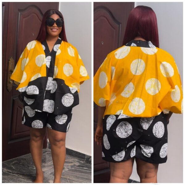 Barbz and co Ankara two piece short set  with circle design in yellow/black 12/14/16