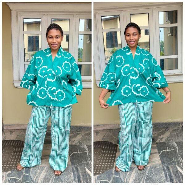 Barbz and co Adire two piece in teal green floral top & stripe pant 12/14/16 - Image 2