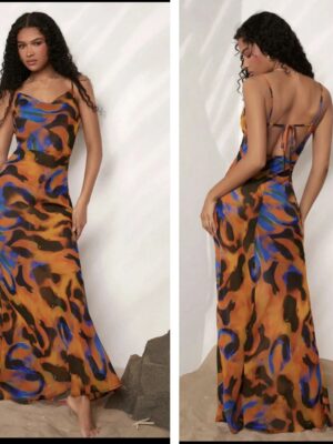 Shein cowl neck cami print multi color leopard  mesh dress with open back 12/14