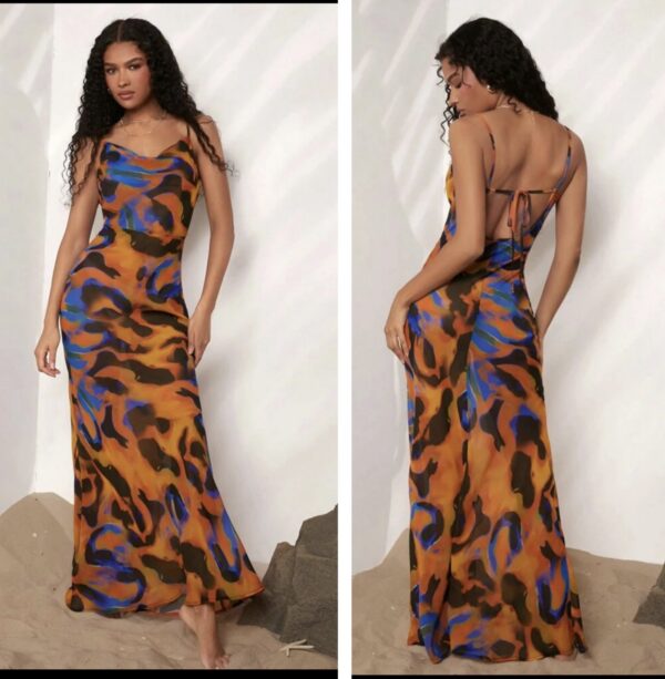 Shein cowl neck cami print multi color leopard  mesh dress with open back 12/14