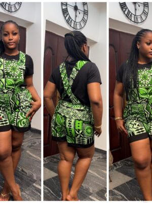 Barbz and co Ankara pinafore romper in green abstract print 10/12/14/16