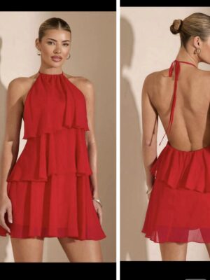 Shein halter double layer chiffon dress in red 12/14