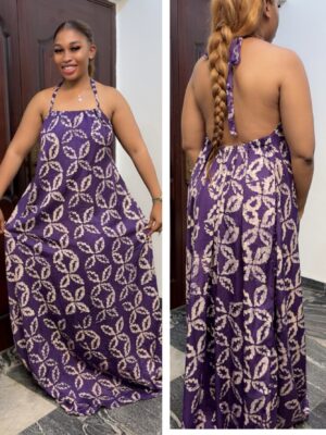 Barbz and co rtw Adire crepe halter backless maxi dress in purple 10/12/14/16