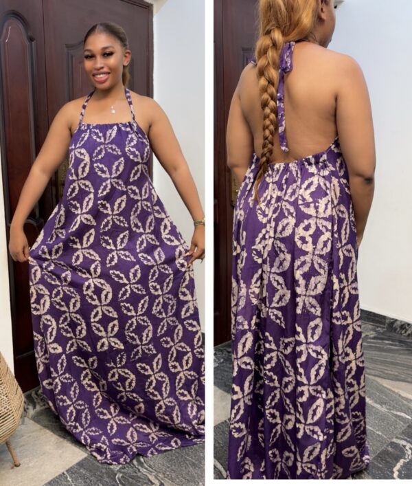 Barbz and co rtw Adire crepe halter backless maxi dress in purple 10/12/14/16