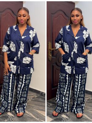 Barbz and co rtw two piece Ankara leaf shirt and vintage pant in navy blue