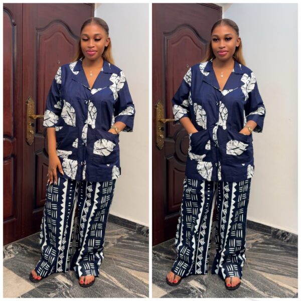 Barbz and co rtw two piece Ankara leaf shirt and vintage pant in navy blue