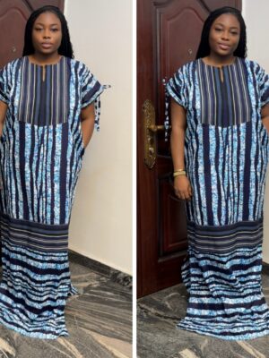 Barbz and co rtw Ankara blue  stripe drawstring straight bubu with navy blue asoke 10/12/14/16