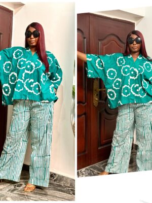 Barbz and co Adire two piece in teal green floral top & stripe pant 12/14/16