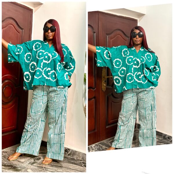 Barbz and co Adire two piece in teal green floral top & stripe pant 12/14/16