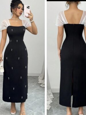 Shein mid length Pearl embellished dress with white hand in black 16
