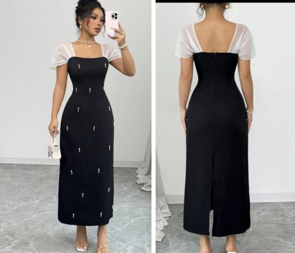 Shein mid length Pearl embellished dress with white hand in black 16