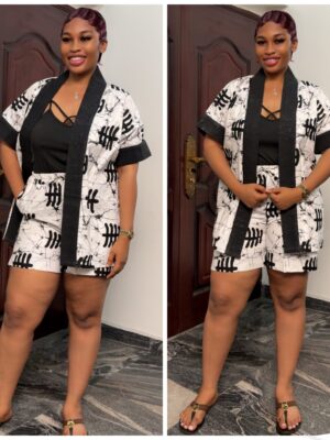 Barbz and co two piece short set with asoke in white /black naira design 8/10/12