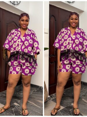 Barbz and co Ankara two piece short set with circle design in purple/white 12/14/16