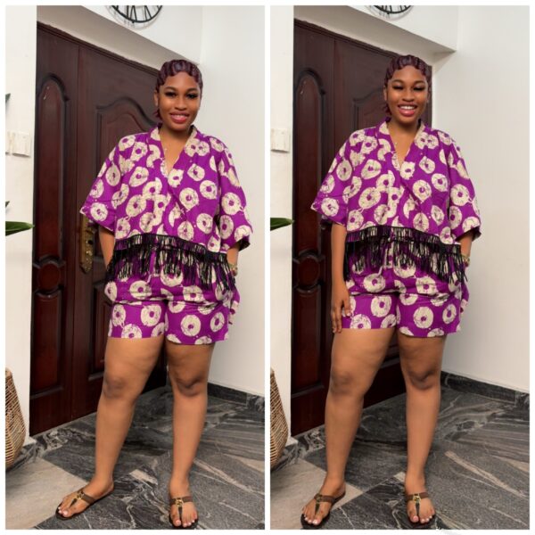 Barbz and co Ankara two piece short set with circle design in purple/white 12/14/16
