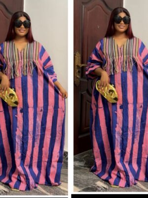 Barbz and co rtw Adire stripe pink/blue bubu with multi color shredded Asoke 10/12/14/16/18