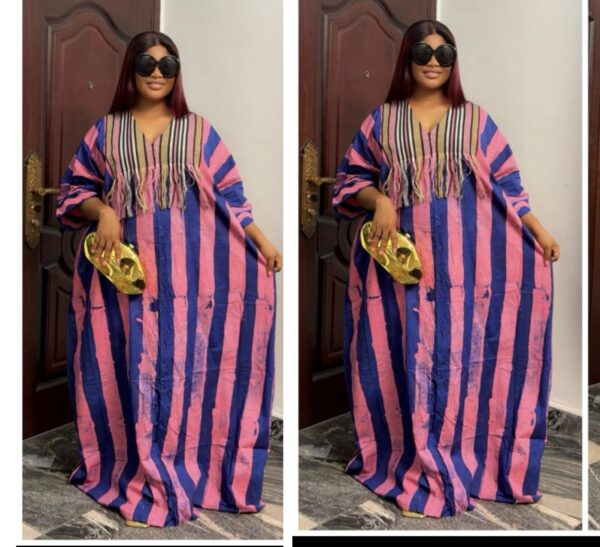 Barbz and co rtw Adire stripe pink/blue bubu with multi color shredded Asoke 10/12/14/16/18