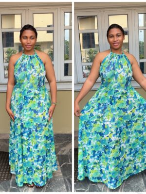 Barbz and co triangle halter neck open back dress in mid length green mix chiffon 10/12/14