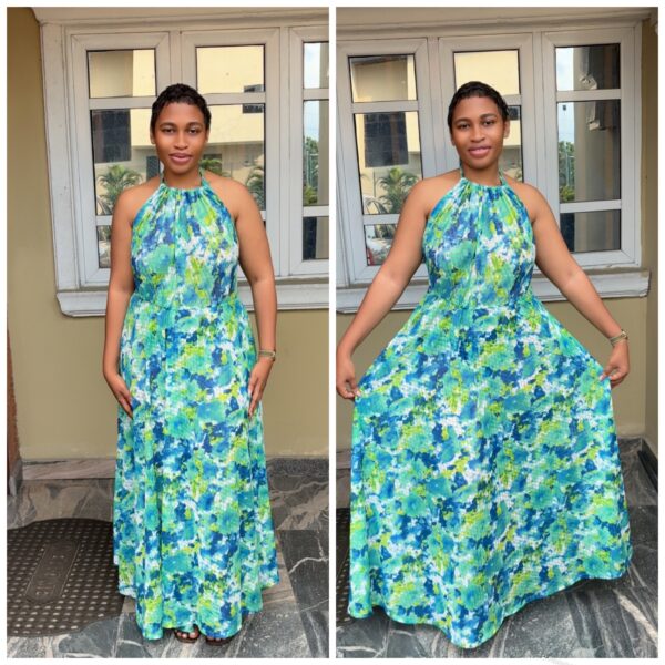 Barbz and co triangle halter neck open back dress in mid length green mix chiffon 10/12/14