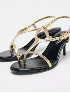 Zara metallic strappy sandals in low heels in gold details & black 40