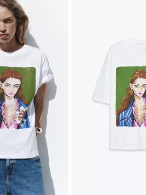 Zara girl print Tshirt in white & girl face  M