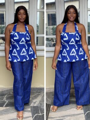 Barbz and co rtw blue triangle & stripe halter two piece pant set