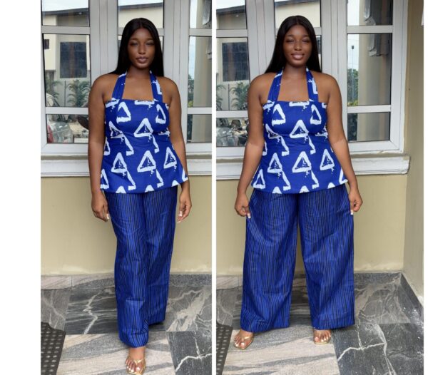 Barbz and co rtw blue triangle & stripe halter two piece pant set