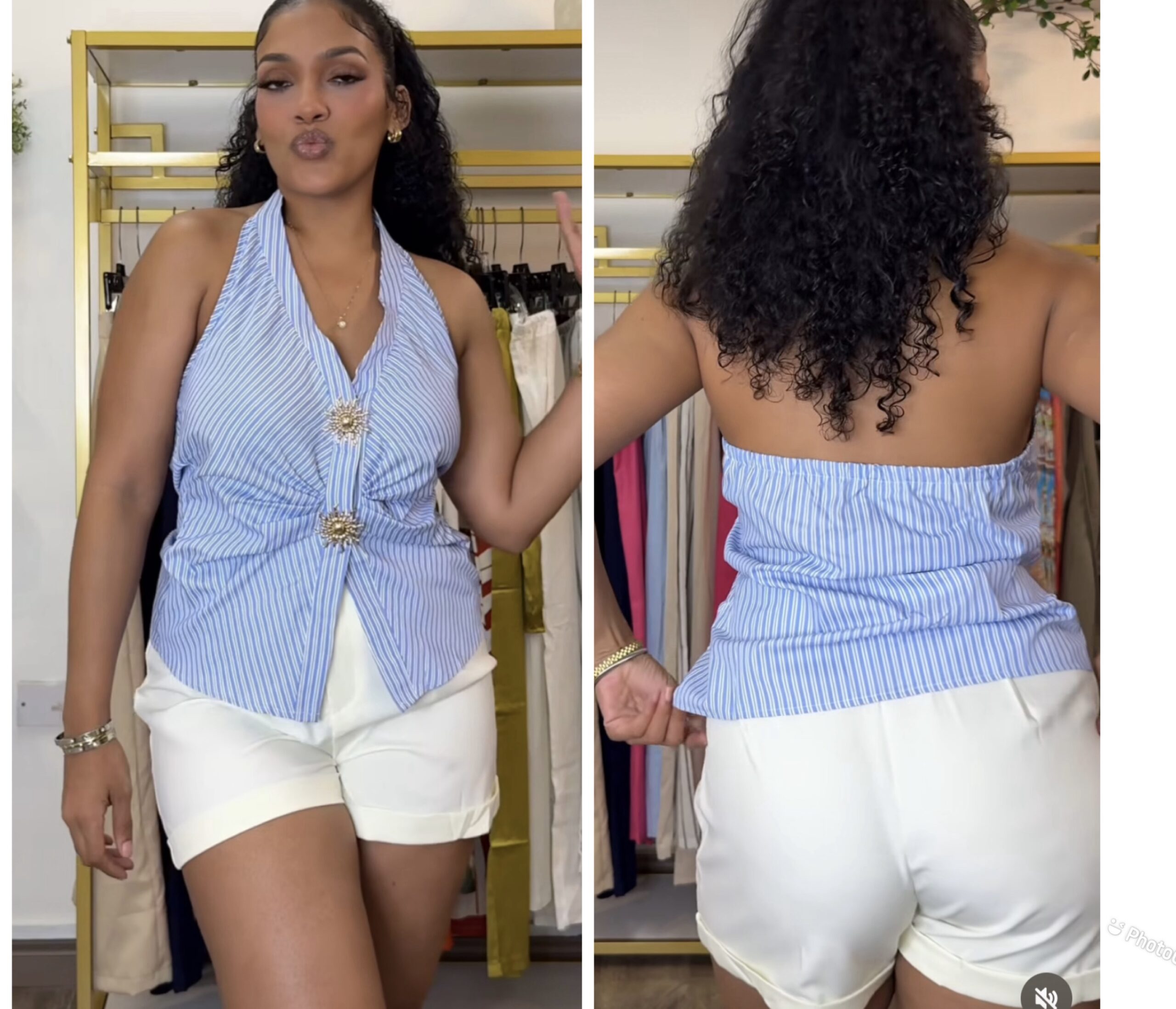 Shein two piece halter stripe blue top & cream shorts 10/12